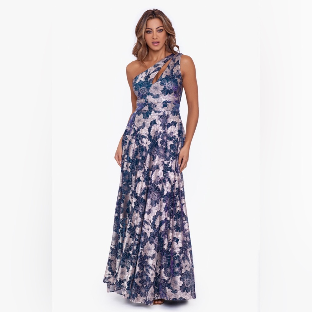 Betsy & Adam "GWEN" LONG ONE SHOULDER WRAP FOIL FLOWER DRESS
